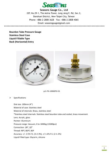 Seasons Gauge 100mm (4") Stainless Steel Liquid Fillable Pressure Gauge Back Entry