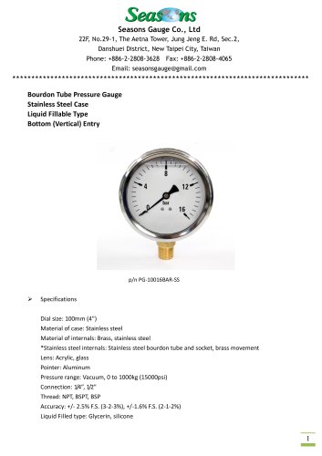 Seasons Gauge 100mm (4") Stainless Steel Liquid Fillable Pressure Gauge Bottom Entry