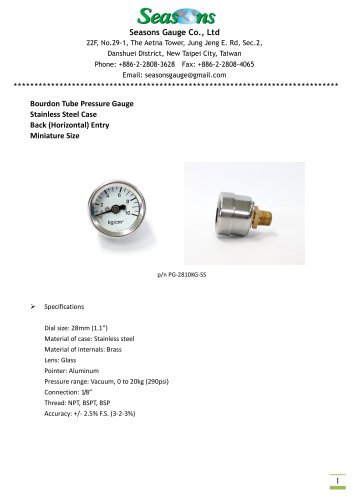 Seasons Gauge 28mm (1.1") Stainless Steel Pressure Gauge Back Entry