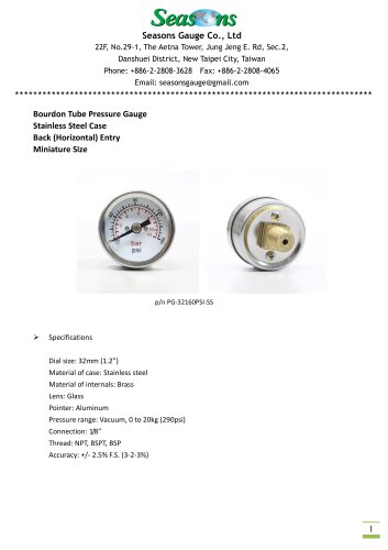 Seasons Gauge 32mm (1.2") Stainless Steel Pressure Gauge Back Entry