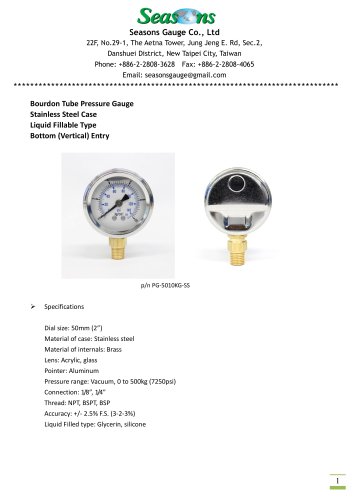 Seasons Gauge 50mm (2") Stainless Steel Liquid Fillable Pressure Gauge Bottom Entry