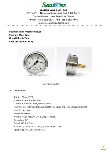 Seasons Gauge 63mm (2.5") Stainless Steel Liquid Fillable Pressure Gauge Back Entry