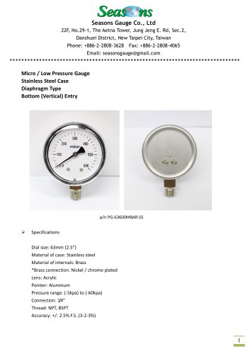 Seasons Gauge 63mm (2.5") Stainless Steel Low Pressure Gauge Bottom Entry