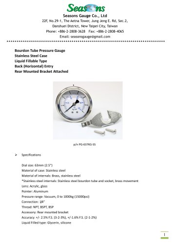 Seasons Gauge 63mm (2.5") Stainless Steel Pressure Gauge with Bracket Back Entry