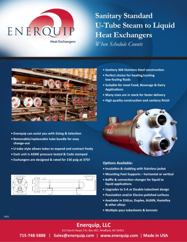 Sanitary Standard U-Tube Steam to Liquid Heat Exchangers