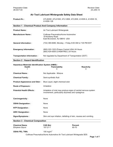 Air Tool Lubricant Wintergr ade Safety Data Sheet