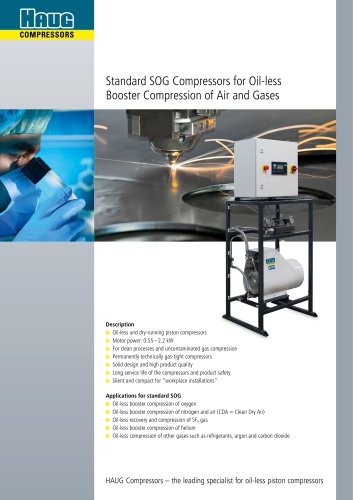 SOG compressors for oil-free booster compression of air and gases (0.55 - 2.2 kW)