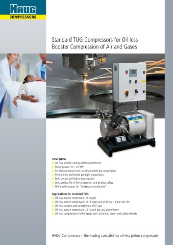 TUG Compressors for Oil-less Booster Compression of Air and Gases up to 4.0 kW