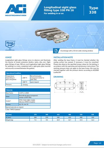Longitudinal sight glass fitting type 338 PN 16