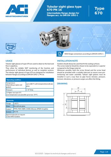 Tubular sight glass type 670 PN 16
