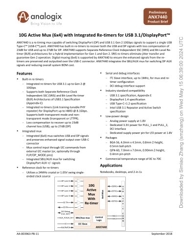 10G Active Mux (6x4) with Integrated Re-timers for USB 3.1/DisplayPort™