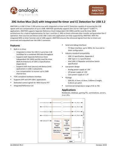 20G Active Mux (2x2) with Integrated Re-timer and CC Detection for USB 3.2