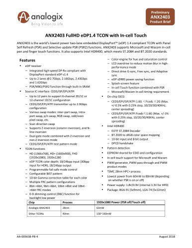 ANX2403 FullHD eDP1.4 TCON with In-cell Touch