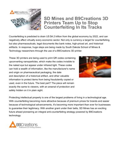 SD Mines and B9Creations 3D Printers Team Up to Stop Counterfeiting In Its Tracks