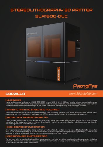 ProtoFab 3D printer SLA 1600 DLC brochure