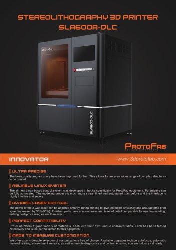 ProtoFab  3D printer SLA 600A DLC brochure