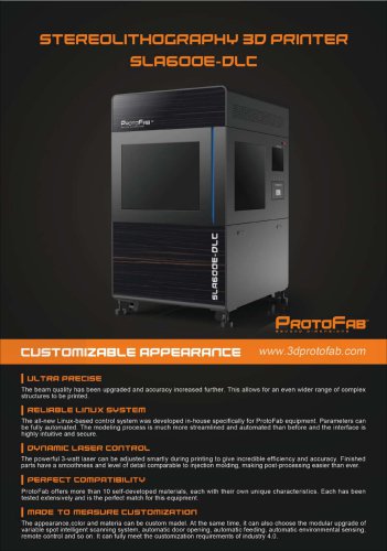 ProtoFab  3D printer SLA 600E DLC brochure