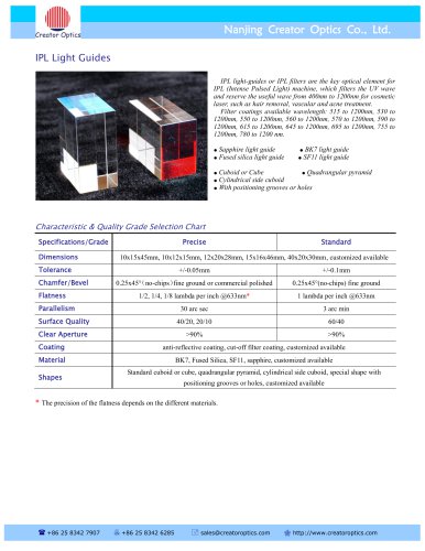 CreatorOptics IPL Light Guides, Sapphire, BK7, SF11, Fused Silica