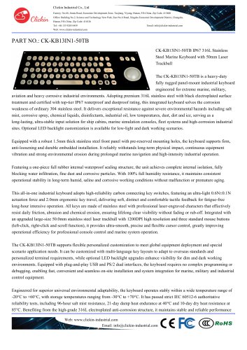 Waterproof Stainless steel panel mount keyboard with integrated 50.0mm trackball