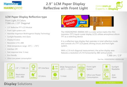 2.9'' LCM Paper Display, Reflective with Front Light (G0208) - Datasheet (EN)