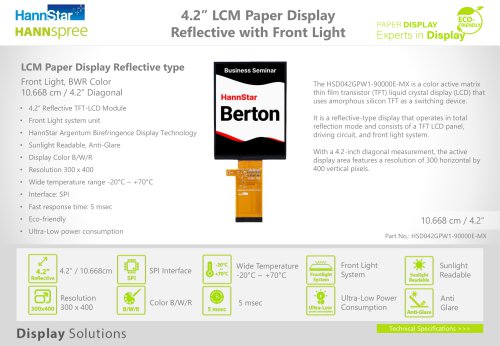 4.2'' LCM Paper Display, Reflective with Front Light (G0403D) - Datasheet (EN)