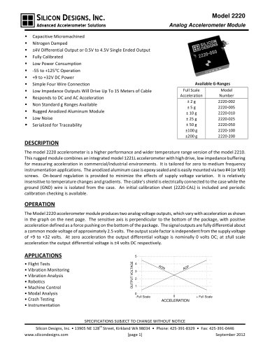 Silicon Designs Model 2220 Analog Accelerometer Module, ±4V Differential Output or 0.5V to 4.5V Single Ended Output, +9 to +32V DC Power