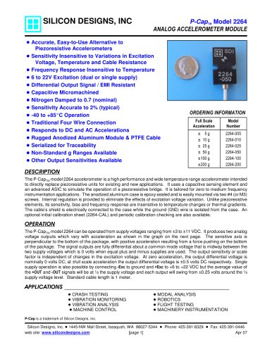 Silicon Designs Model 2264 Analog Accelerometer, ±500 mV Differential or 250 mV Single Ended Output, +6 to +22 VDC