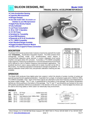 Silicon Designs Model 2420 Triaxial Digital Accel Module, Pulse Density Output, +5 VDC Power, 9-Pin D-Subminiature Connector