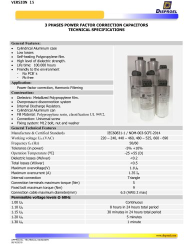 3 PHASES POWER FACTOR CORRECTION CAPACITORS TECHNICAL SPECIFICATIONS