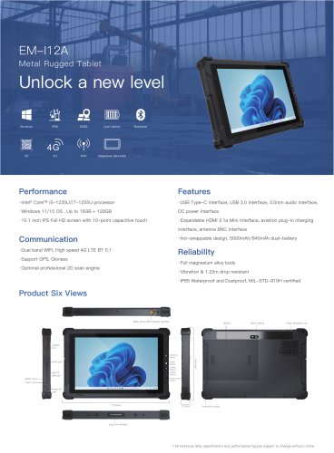 EM-I12A Metal Rugged Tablet: Intel&reg; Core&trade; i5/i7, Windows 11/10, 16GB RAM, 128GB Storage, 10.1" Full HD Touchscreen, Dual Band WIFI, 4G LTE, and Robust Connectivity Features