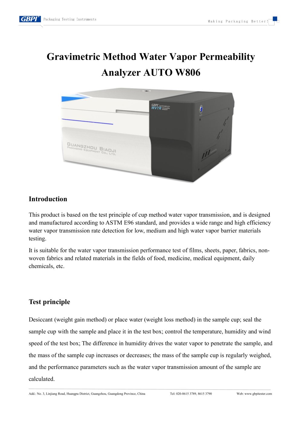 AUTO W806 Gravimetric Method Water Vapor Permeability Analyzer A3(20260526) - Guangzhou Biaoji Packaging Equipment Co., Ltd.