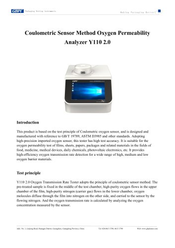Y110 2.0 Coulometric Sensor Method Oxygen Permeability Analyzer (20250609）
