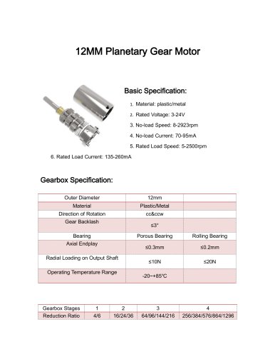 DC gear motor datesheet 12mm 5-1500rpm,0-10Nm,12v,24v,3v,9v