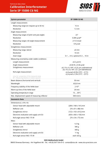 Technical data sheet: Calibration laser interferometer SP 15000 C6 NG