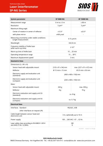 Technical data sheet: Laser interferometer SP 5000 NG / SP 15000 NG