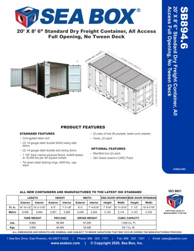 SB894.6 20’ X 8’ 6” Standard Dry Freight Container, All Access Full Opening, No Tween Deck