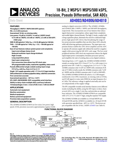 AD4002/AD4006/AD4010: 18-Bit, 2 MSPS/1 MSPS/500 kSPS, Precision, Pseudo Differential, SAR ADCs Data Sheet (Rev. 0)