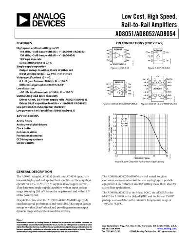 AD8051:  Low Cost, High Speed, Single, Rail-to-Rail Amplifier 