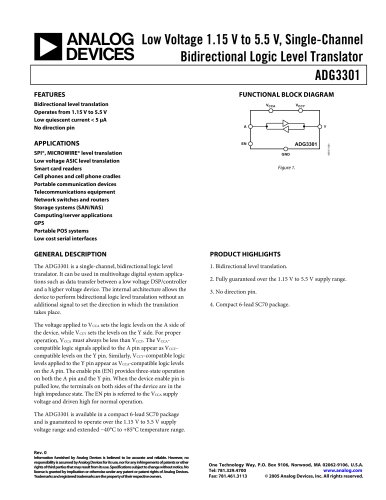 ADG3301: Low Voltage 1.15 V to 5.5 V, Single-Channel Bidirectional Logic Level Translator Data Sheet (Rev. 0)