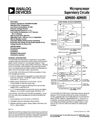 ADM690 Functions: 4.65 V Reset, Battery Switchover, Watchdog Timer, Power Fail Input