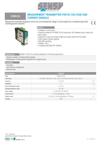 CONV-UI : MEASUREMENT TRANSMITTER FOR DC VOLTAGE AND CURRENT SIGNALS