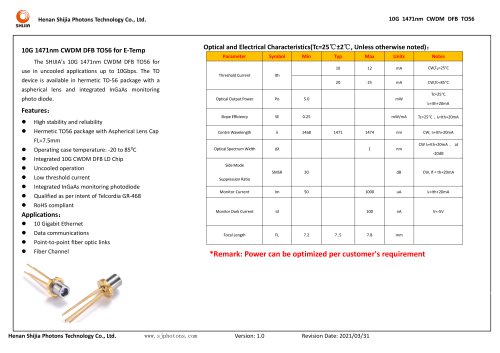 10G 1471nm CWDM DFB TO56 for E-Temp