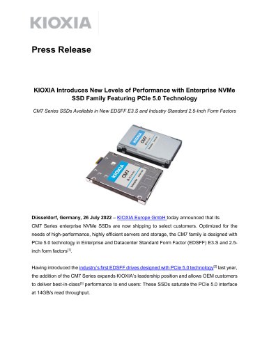 KIOXIA Introduces New Levels of Performance with Enterprise NVMe SSD Family Featuring PCIe 5.0 Technology