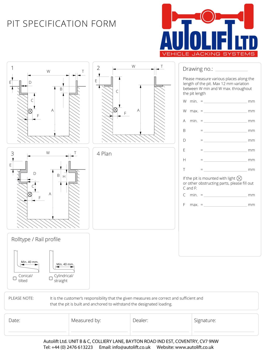 Autolift Pit survey form English - Autolift Ltd