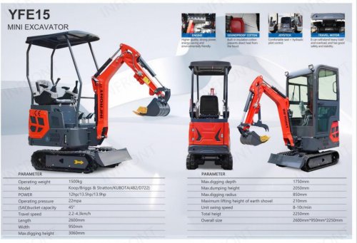INFRONT FREE SHIPPING EPA Kubota Engine Mini Excavators 1.5 Ton Farm Used New Crawler Digger Small Mini Excavator 1 Ton Machine Prices YFE15B