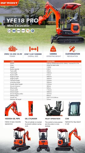 INFRONT Mini Excavator Crawler CE/EPA Crawler Home Bagger 1 Ton 2 Tons Farm pelle Customized Kubota Engine Free Shipping Factory Sale YFE18PRO