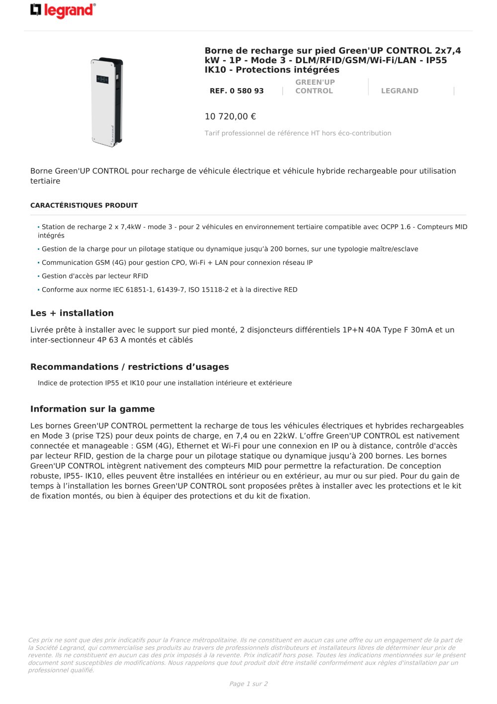 Borne de recharge sur pied Green'UP CONTROL 2x7,4 kW - 1P - Mode 3 - DLM/RFID/GSM/Wi-Fi/LAN - IP55 IK10 - Protections int&eacute;gr&eacute;es - Legrand