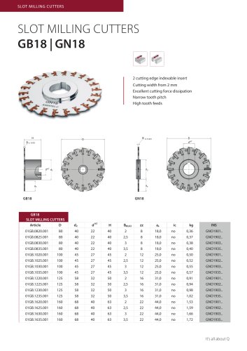 data sheet slot milling cutter GN18 GB18