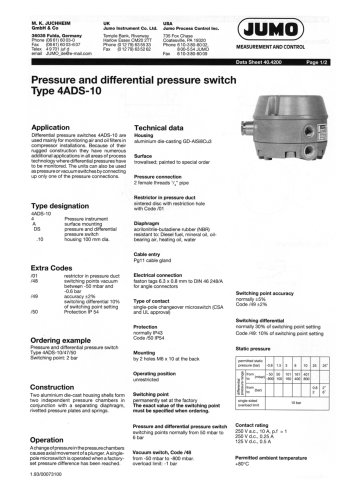 Pressure and differential pressure switches Type 4 ADS-10