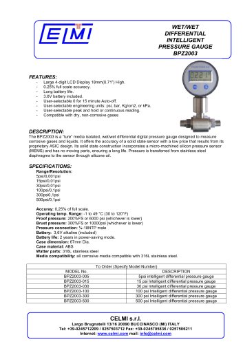 WET/WET DIFFERENTIAL INTELLIGENT PRESSURE GAUGE BPZ2003